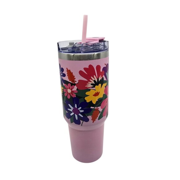 Modern Expressions Pink Floral Tumbler 45 oz. Steel w. Lid & Straw NEW - Picture 2 of 8